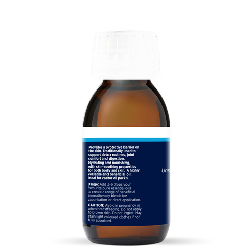 Castor Oil 100ml, side of the bottle showing the botanical name and directions