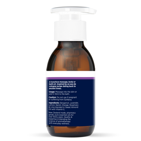 Pampering Massage & Body Oil 100ml, side of the bottle showing the botanical name and directions