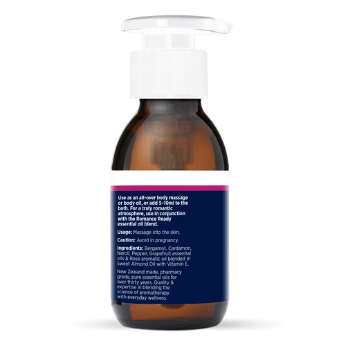 Romance Massage & Body Oil 100ml, side of the bottle showing the botanical name and directions