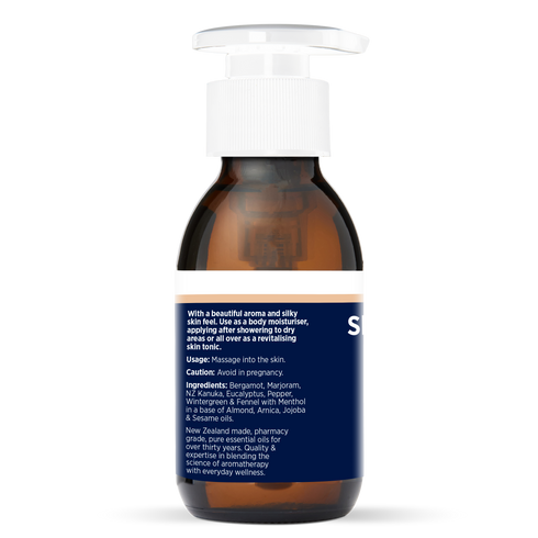Skin Nourishment Body Oil 100ml, side of the bottle showing the botanical name and directions
