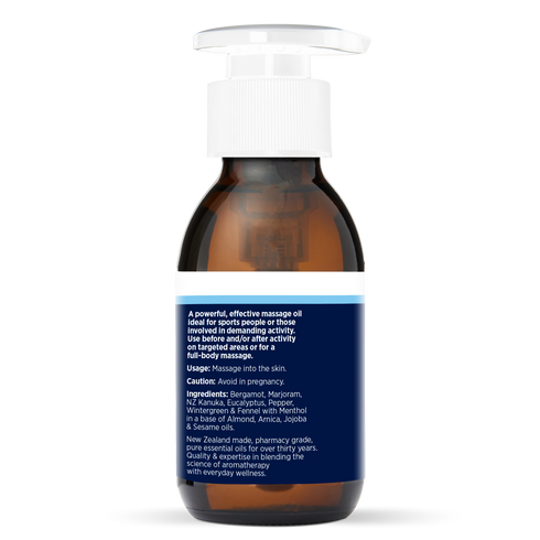 Sports Massage Oil 100ml, side of the bottle showing the botanical name and directions