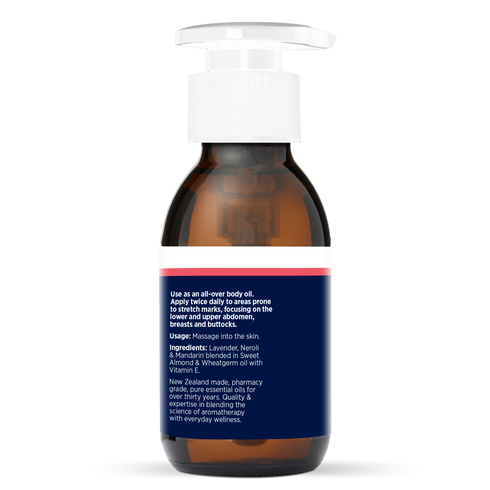 Stretchmark Prevention Oil 100ml, side of the bottle showing the botanical name and directions