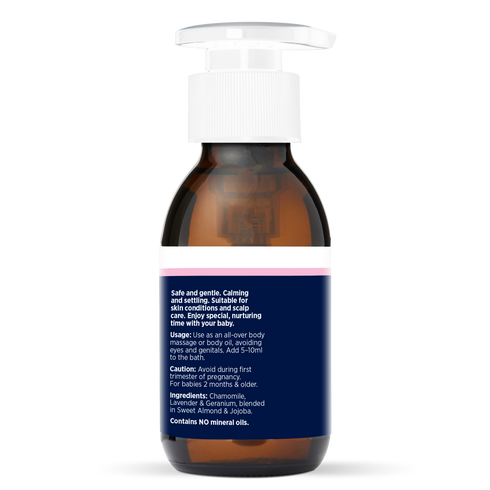 Luxury Baby Oil 100ml, side of the bottle showing the botanical name and directions