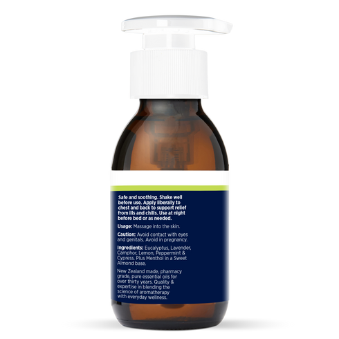 Chest Rub Oil 100ml, side of the bottle showing the botanical name and directions