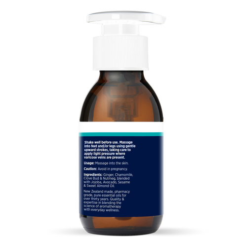 Happy Legs Massage Oil 100ml, side of the bottle showing the botanical name and directions