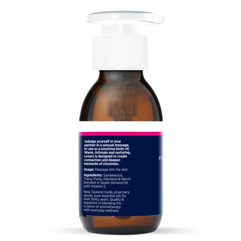 Lovers Massage & Body Oil 100ml, side of the bottle showing the botanical name and directions