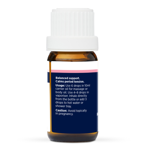 Feminine Relief Pure Essential Oil Blend 10ml, side of the bottle listing the oils in the blend