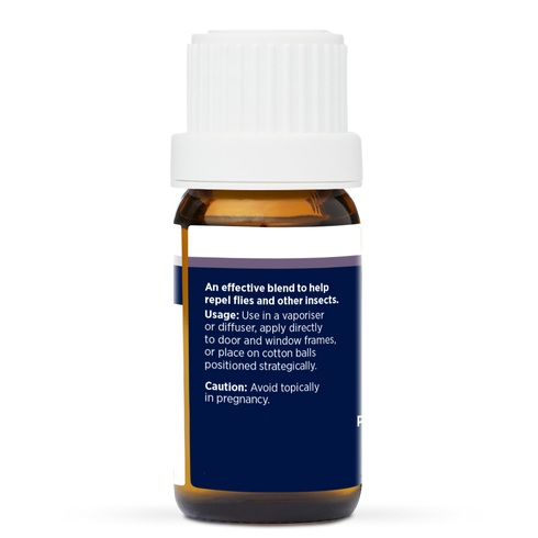 Fly Far Away Pure Essential Oil Blend 10ml, side of the bottle listing the oils in the blend