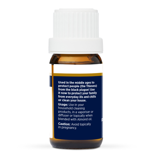 Traditional Thieves Pure Essential Oil Blend 10ml, side of the bottle listing the oils in the blend