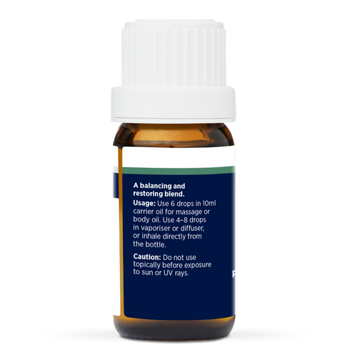 Wellbeing Pure Essential Oil Blend 10ml, side of the bottle listing the oils in the blend