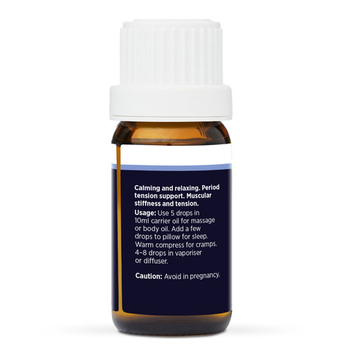 Marjoram Pure Essential Oil 10ml, side of the bottle showing the botanical name and directions