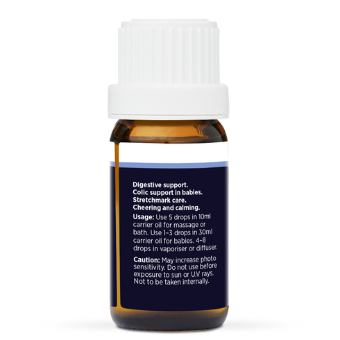 Mandarin Pure Essential Oil 10ml, side of the bottle showing the botanical name and directions