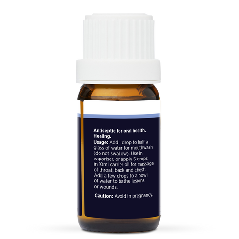 Myrrh Pure Essential Oil 10ml, side of the bottle showing the botanical name and directions