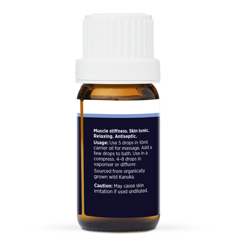 NZ Kanuka Pure Essential Oil 10ml, side of the bottle showing the botanical name and directions