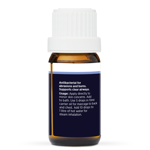 NZ Manuka Pure Essential Oil 10ml, side of the bottle showing the botanical name and directions