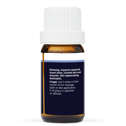 Patchouli Pure Essential Oil 10ml, side of the bottle showing the botanical name and directions