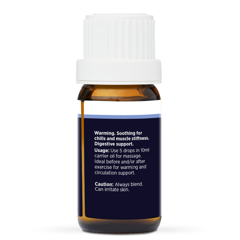 Black Pepper Pure Essential Oil 10ml, side of the bottle showing the botanical name and directions