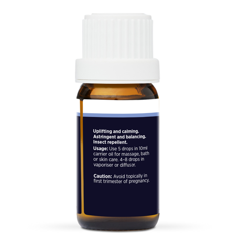 Rose Geranium Pure Essential Oil 10ml, side of the bottle showing the botanical name and directions