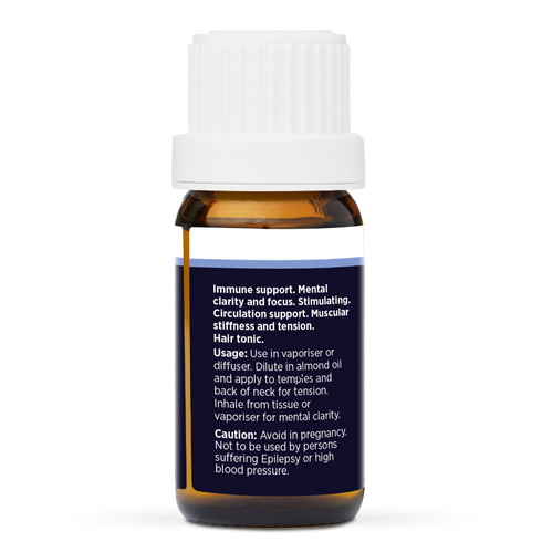 Rosemary Pure Essential Oil 10ml, side of the bottle showing the botanical name and directions