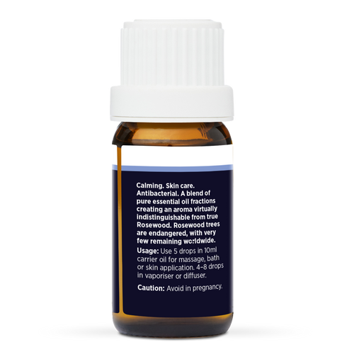 Rosewood (Bois de Rose) Pure Essential Oil 10ml, side of the bottle showing the botanical name and directions