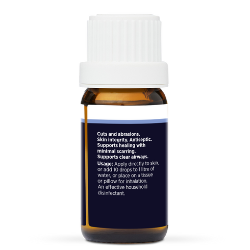Tea Tree Pure Essential Oil 10ml, side of the bottle showing the botanical name and directions