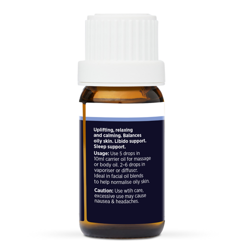 Ylang Ylang Pure Essential Oil 10ml, side of the bottle showing the botanical name and directions