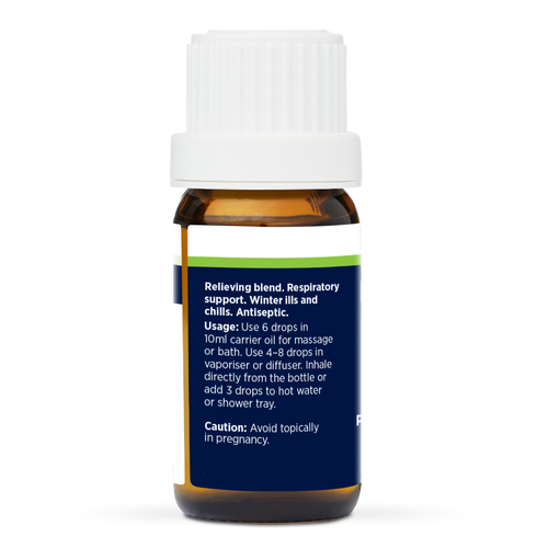 Decongestant Pure Essential Oil Blend 10ml, side of the bottle listing the oils in the blend