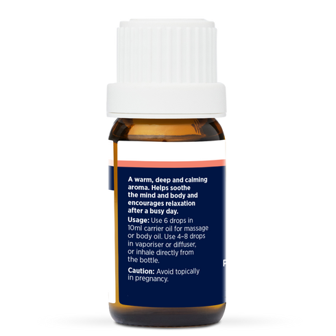 Serenity Pure Essential Oil Blend 10ml, side of the bottle listing the oils in the blend