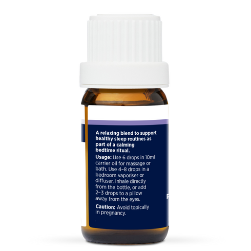 Tranquil Sleep Pure Essential Oil Blend 10ml, side of the bottle listing the oils in the blend