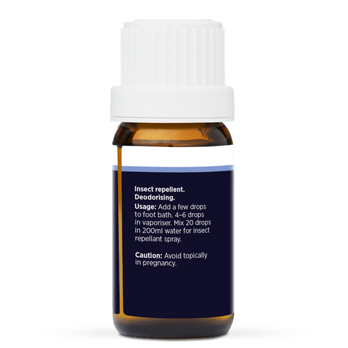Citronella Pure Essential Oil 10ml, side of the bottle showing the botanical name and directions