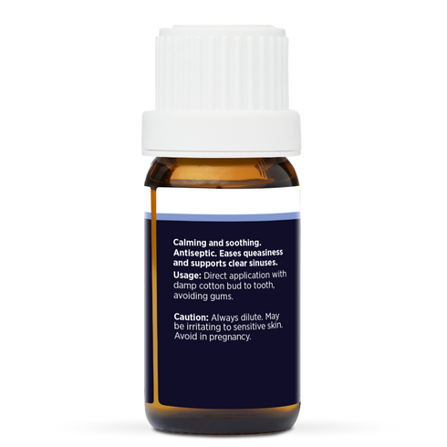 Clove Bud Pure Essential Oil 10ml, side of the bottle showing the botanical name and directions