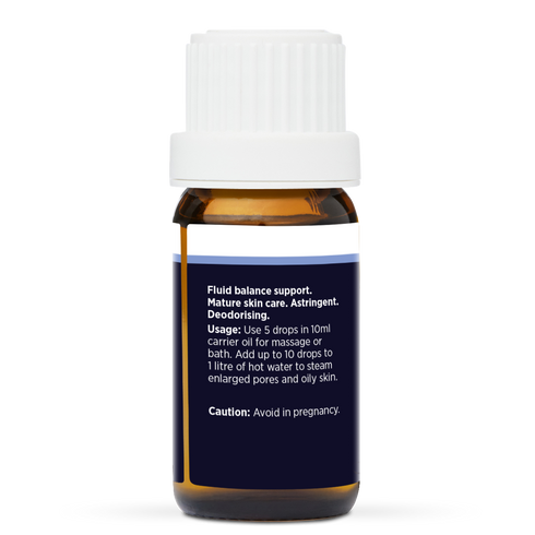 Cypress Pure Essential Oil 10ml, side of the bottle showing the botanical name and directions