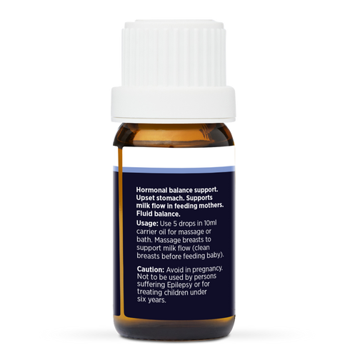 Fennel Pure Essential Oil 10ml, side of the bottle showing the botanical name and directions