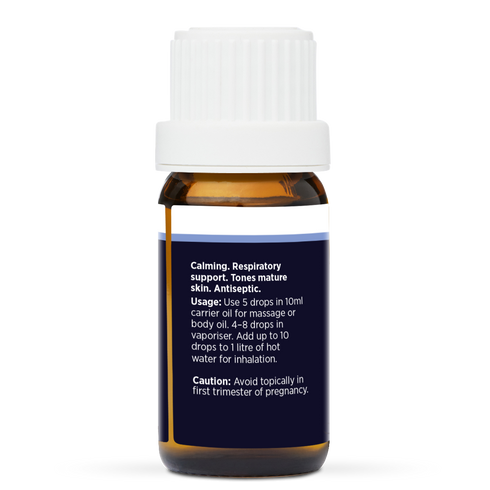 Frankincense Pure Essential Oil 10ml, side of the bottle showing the botanical name and directions