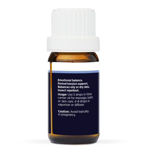 Geranium Pure Essential Oil 10ml, side of the bottle showing the botanical name and directions
