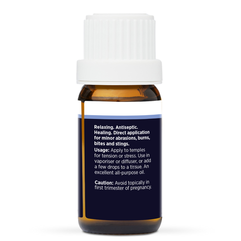 Lavender Pure Essential Oil 10ml, side of the bottle showing the botanical name and directions