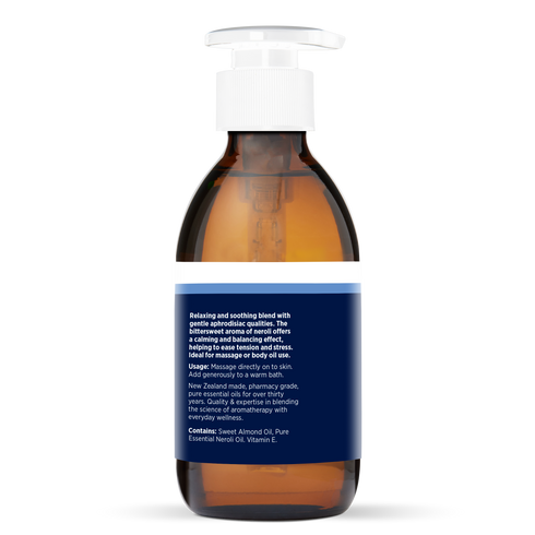 Neroli French Orange Blossom Massage Oil 200ml, side of the bottle showing the botanical name and directions