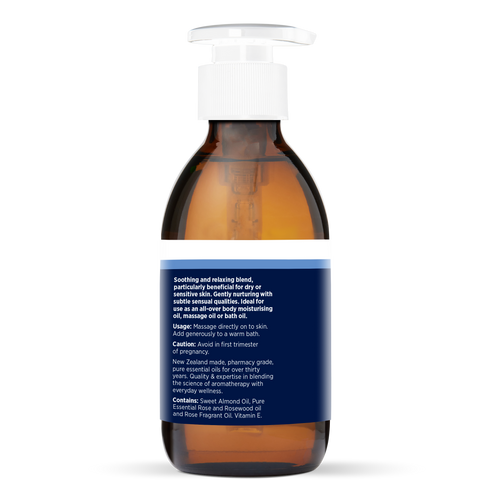 Rose Massage Oil 200ml, side of the bottle showing the botanical name and directions