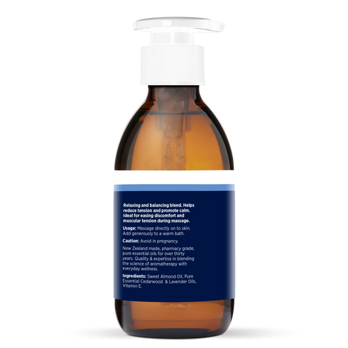 Cedarwood & Lavender Massage Oil 200ml, side of the bottle showing the botanical name and directions