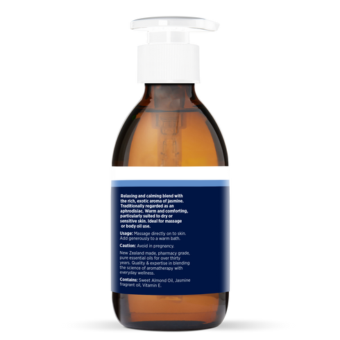 Jasmine Massage Oil 200ml, side of the bottle showing the botanical name and directions