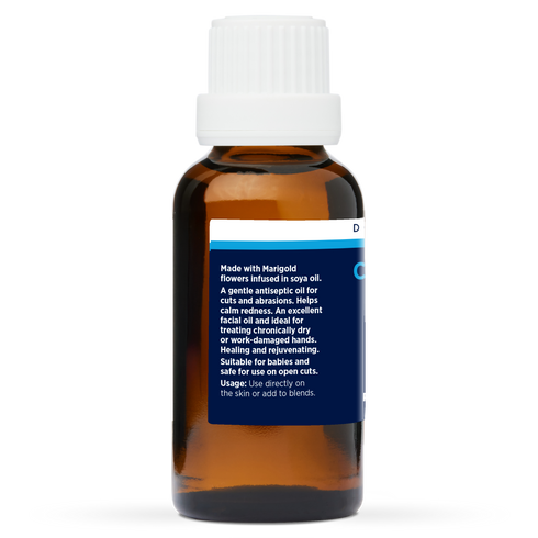 Calendula Oil 30ml, side of the bottle showing the botanical name and directions