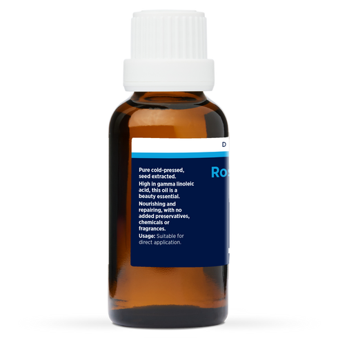 Rosehip Seed Oil 30ml, side of the bottle showing the botanical name and directions