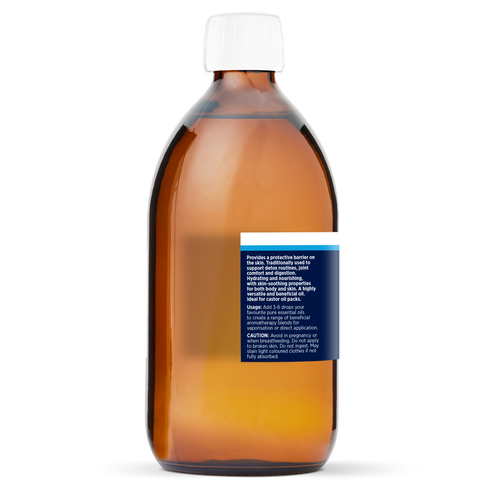 Castor Oil 500ml, side of the bottle showing the botanical name and directions