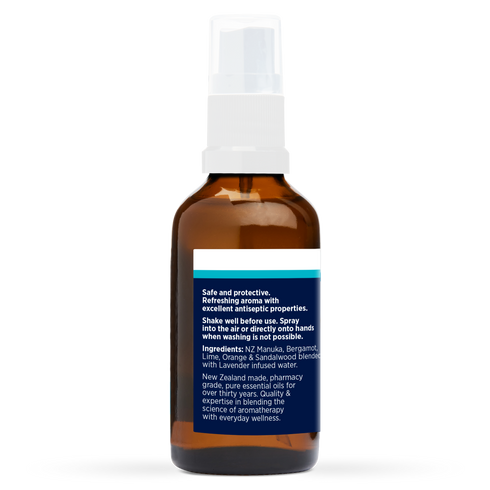 Hand & Air Sanitiser 50ml, side of the bottle showing the botanical name and directions
