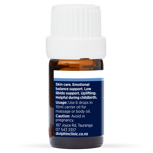 Rose 3% in Jojoba Essential Oil 5ml, side of the bottle showing the botanical name and directions
