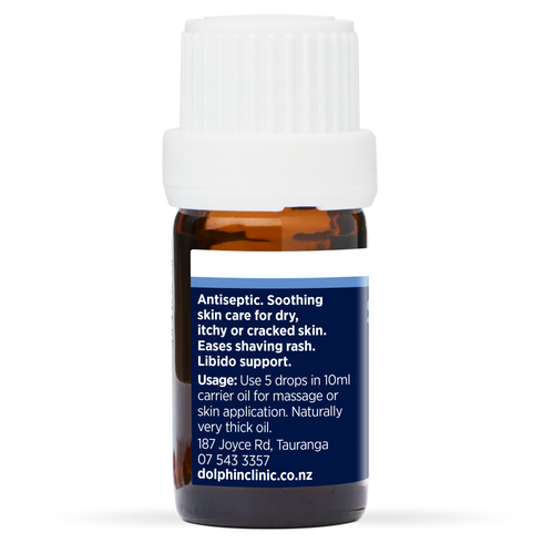 Sandalwood Pure Essential Oil 5ml, side of the bottle showing the botanical name and directions
