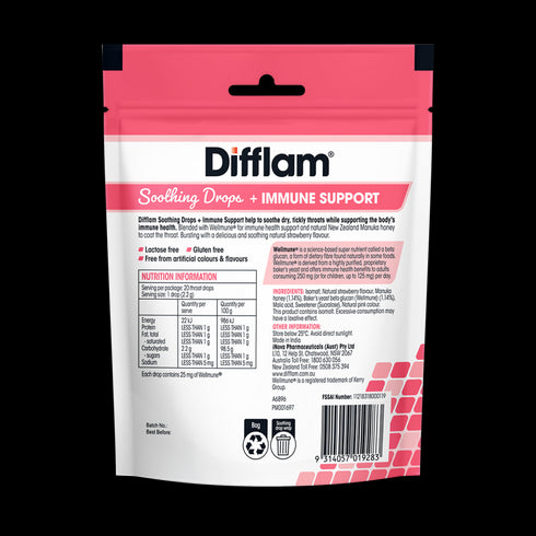 Image of the back of the Difflam Soothing Drops + Immune Support Strawberry