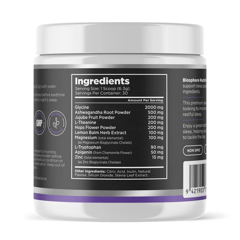 Image of the ingredients on the side of the container of Deep Sleep Support Powder Passionfruit 189g