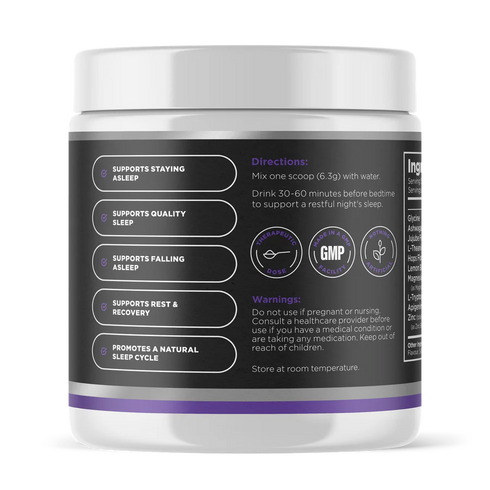 Image of the side of the container of Deep Sleep Support Powder Passionfruit 189g showing directions of use