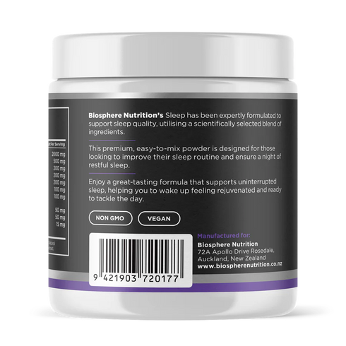 Image of label on the plastic container of Deep Sleep Support Powder Passionfruit 189g showing benefits of use